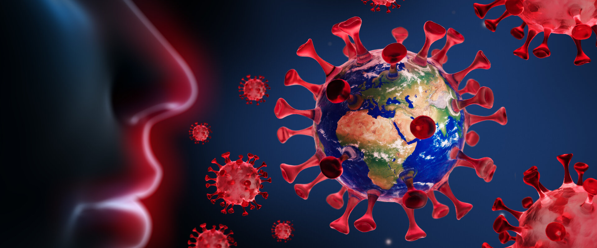 na obrazku znajduje się twarz człowieka otoczona graficznym obrazem wirusa  czerwone kulki z wypustkami 